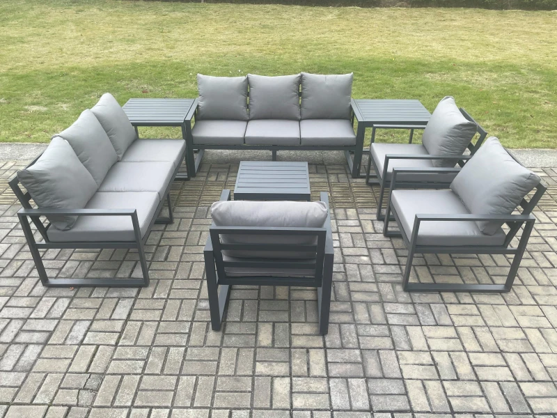 Image of Fimous Aluminium Outdoor Garden Furniture Set Patio Lounge Sofa with Square Coffee Table 3 Armchairs 2 Side Tables Dark Grey Dark Grey Unisex