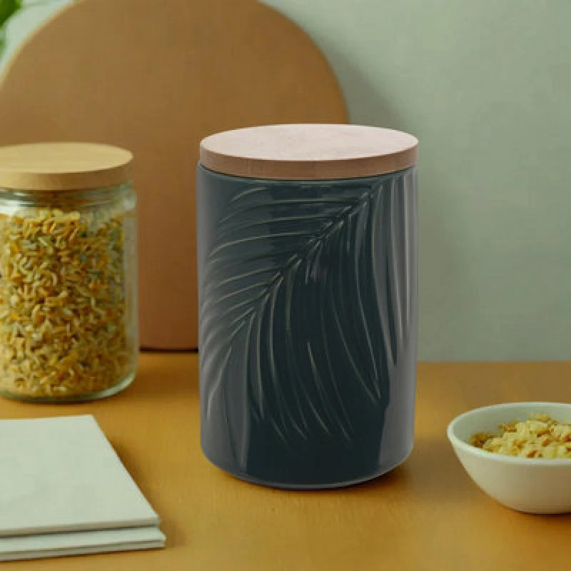 Image of Premier Housewares Bali Dark Green Medium Storage Jar With Bamboo Lid Green