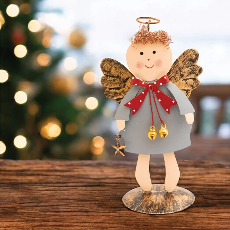 Image of Standing Metal Christmas Angel Ornament Decoration with Wings Halo & Star Bells - Grey ELV-758537 Angel
