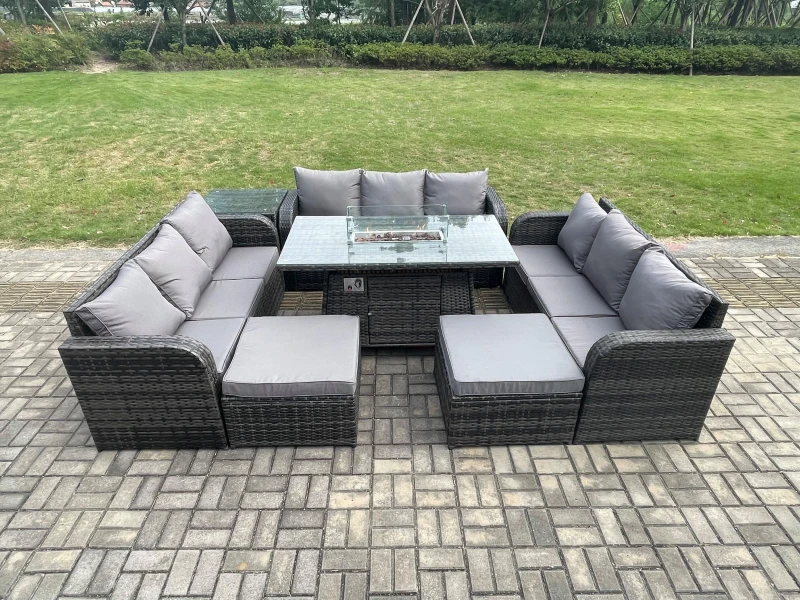 Image of Fimous Outdoor Rattan Furniture Garden Dining Set Gas Fire Pit Table With Side Table Lounge Sofa 2 Big Footstool Dark Grey