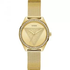 Image of GUESS Ladies gold watch with gold glitz logo dial.