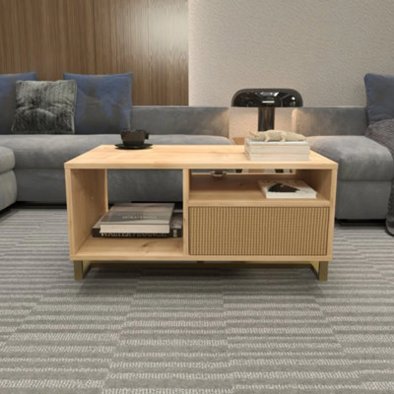 Image of Decorotika - Utopie Modern Coffee Table With Cabinet - Oak And Rattan, Multi UTP35CT04
