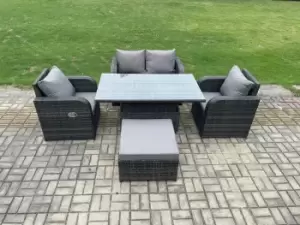 Image of Fimous 4 Seater Outdoor Dark Grey Rattan Lounge Complete Sofa Set with Regular Adjustable Dining Table and Big Footstool