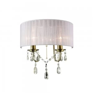 Image of Wall Lamp Switched with White Shade 2 Light Antique Brass, Crystal