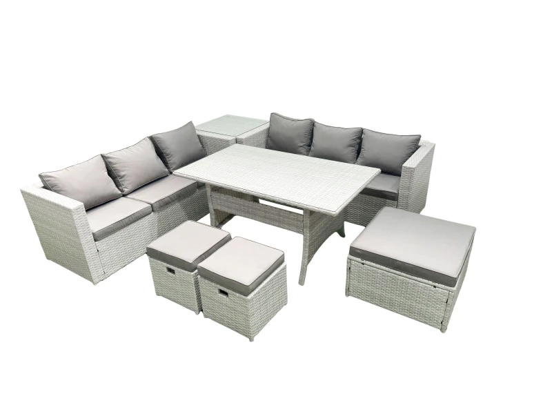 Image of Fimous Rattan Garden Furniture Set 9 Seater Outdoor Sofa Set with Dining Table Side Table 3 Footstools Light Grey Mixed Light Grey