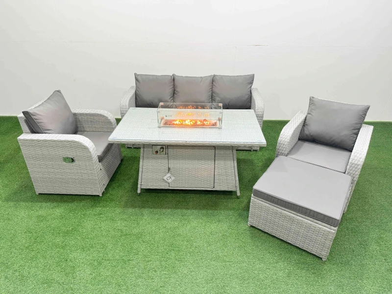 Image of Fimous PE Rattan Garden Furniture Set Reclining Chair Sofa Lounge Sofa Set Firepit Dining Table Big Footstool Light Grey Light Grey