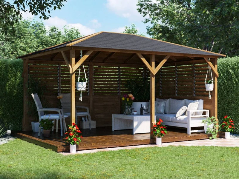 Image of Dunster House Wooden Gazebo Louvre Wall 4M X 3M Garden Shelter Roof Shingles Utopia