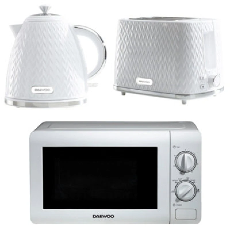 Image of Daewoo Daewoo Argyle 1.7L Cordless Kettle 2 Slice Toaster and 800W Microwave Set White White One Size Unisex 5024996981490