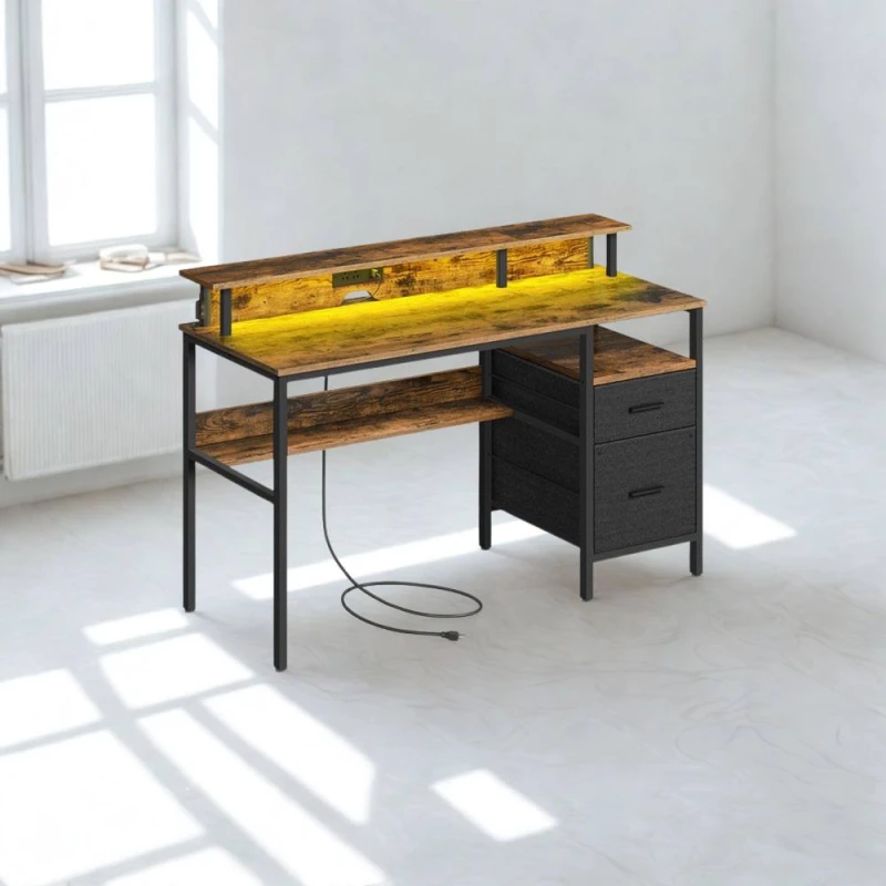 Image of Pirlo Plush Industrial 135CM Computer Desk With USB Outlets & LED Lights in Brown Brown Unisex