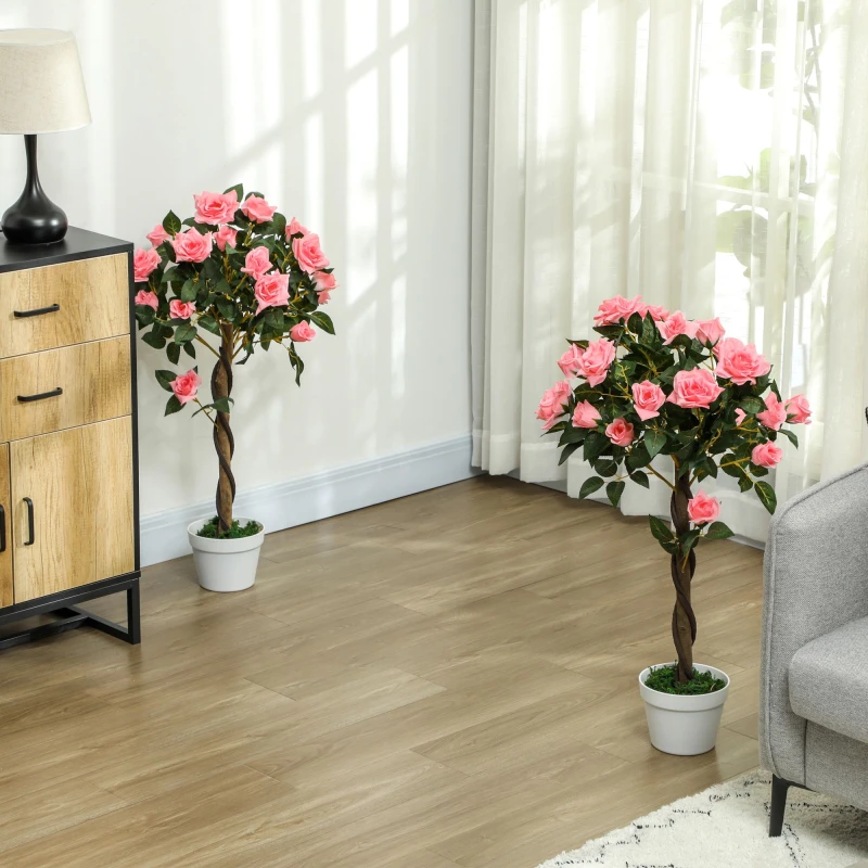 Image of Outsunny Set of 2 90cm Artificial Rose Tree - Fake Decorative Plant - Pink TJ Hughes Yellow 5061025073559