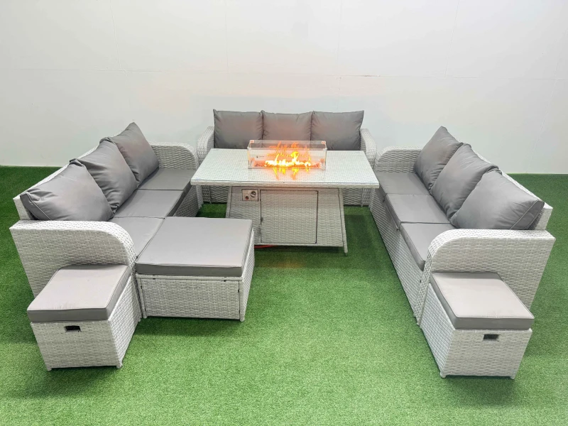 Image of Fimous PE Rattan Lounge Sofa Set 12 Seater Outdoor Garden Furniture Set with Firepit Dining Table 3 Seater Sofa 3 Stools Light Grey Light Grey