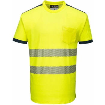 Image of T181 - Yellow/Navy Sz M PW3 Hi-Vis Short Sleeved T-Shirt Viz Visibilty - Portwest