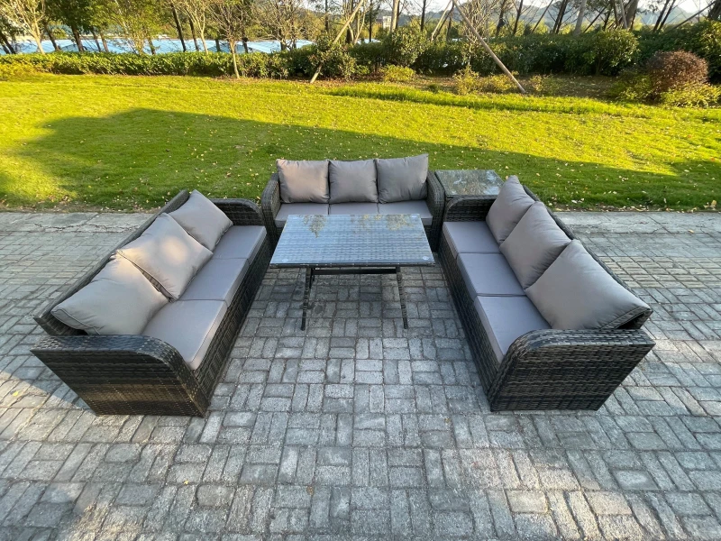 Image of Fimous 9 Seater Wicker Rattan Garden Furniture Set with Rectangular Dining Table Side Table Patio Outdoor Lounge Sofa Set Dark Grey