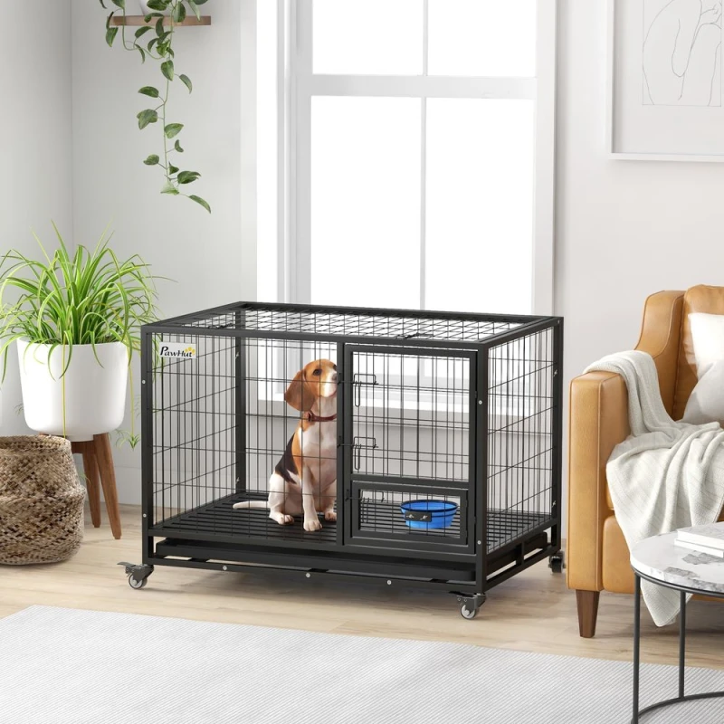 Image of PawHut Heavy Duty Dog Crate on Wheels w/ Bowl Holder, Removable Tray 79H x 109L x 72Wcm - Pawhut 5056725508289