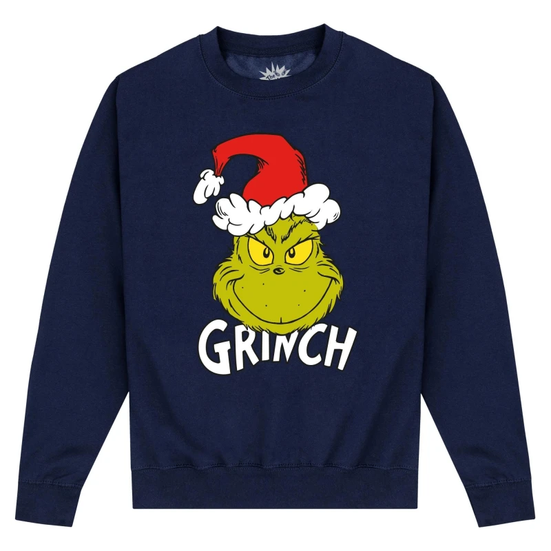 Image of The Grinch Mens Santa Hat Sweatshirt in Navy Size: Small Navy Male S