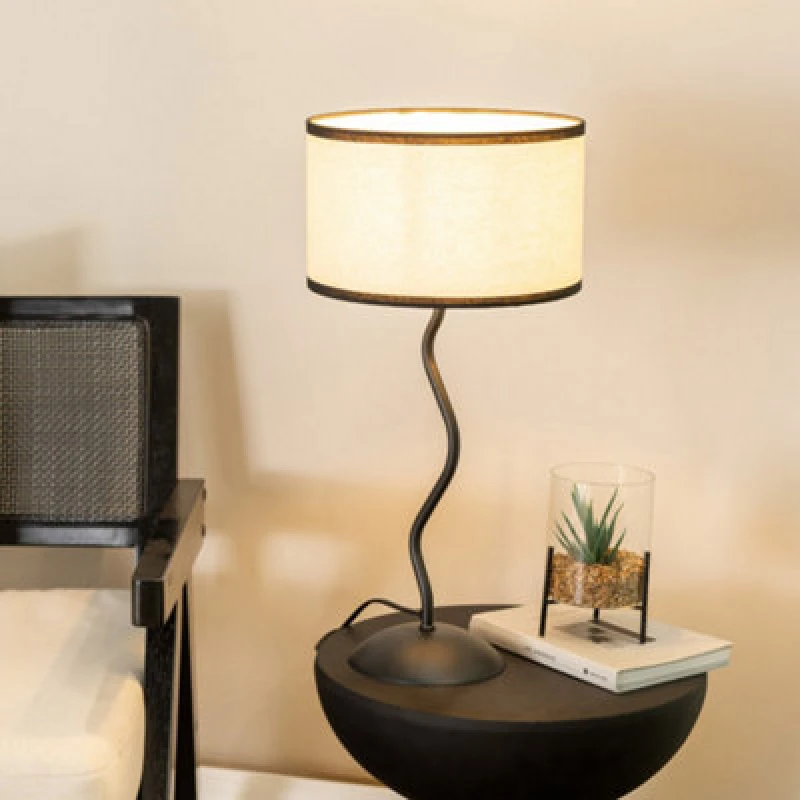 Image of ValueLights Wiggle Black Metal Single Stem Table Lamp with Linen Black Trim Drum Lamp Shade Black