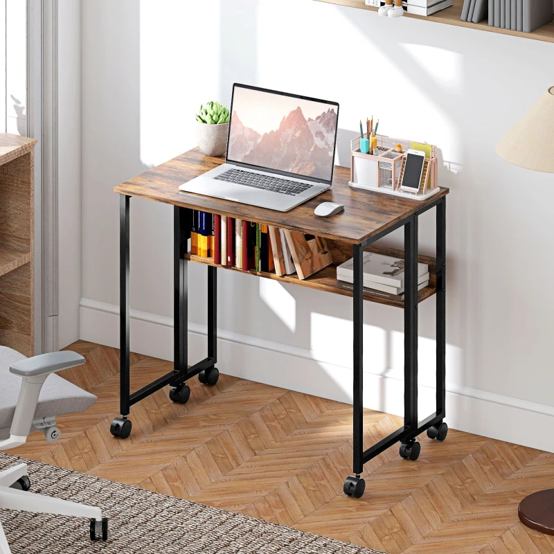 Image of HOMCOM HOMCOM 80cm Foldable Computer Desk on Wheels for Small Spaces Rustic Brown in Dark Brown Size: Large Dark Brown Large Unisex 5063603191518
