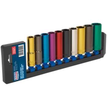 Image of Sealey 10 Piece 1/2" Drive Coloured Deep Hex WallDrive Socket Set Metric 1/2"