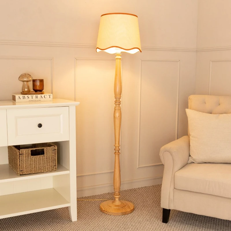 Image of ValueLights Victoria Light Wood Candlestick Floor Lamp with Linen Scallop Trim Tapered Shade Burnt Orange