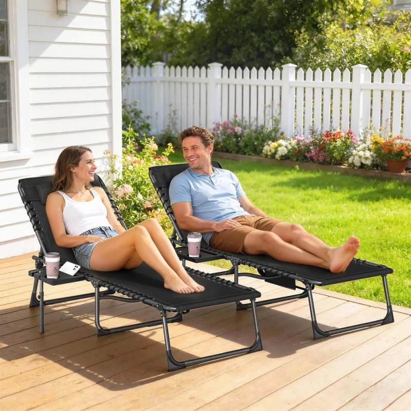 Image of OUTSUNNY Folding Sun Loungers with 5-Level Back, Cup Holder in Black Size: 190cm x 60cm Black Unisex 190cm x 60 cm