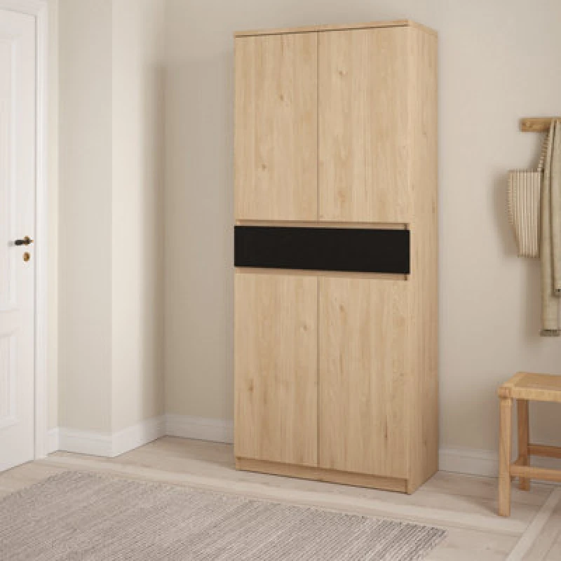 Image of Furniture To Go Naia Shoe Cabinet With 4 Doors 1 Drawer In Jackson Hickory Oak And Black (W) 80.4 X (H) 191.7 X (D) 40Cm