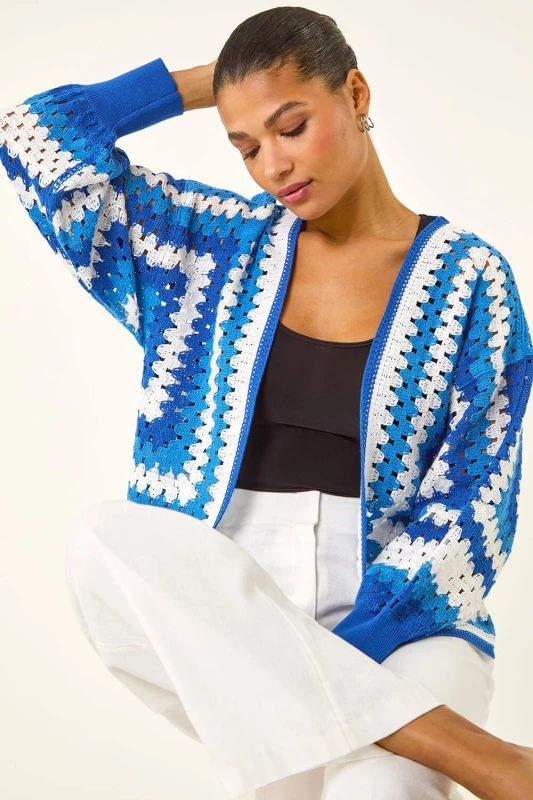 Image of Roman Womens Crochet Edge Knit Cardigan Size: Medium Multicolor Female M