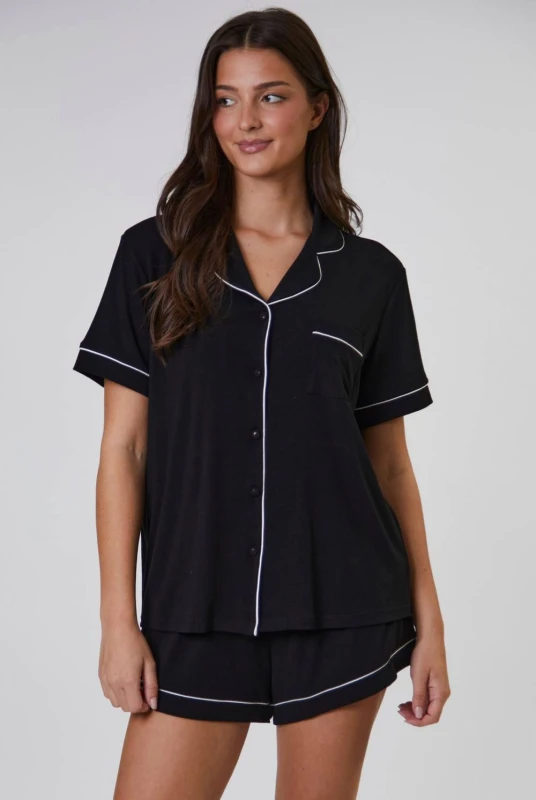Image of Loungeable Womens Rib Short Sleeve Traditional Shirt & Shorts in Black Size: XS Black Female XS