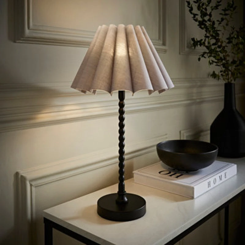 Image of ValueLights ValueLights Maeve Scallop Pleated Tapered Shade Matte Black Bobbin Table Lamp with LED Bulb in Grey Grey One Size Unisex 5059406067143