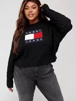 Image of Tommy Jeans Tommy Jeans Curve Boxy Center Flag Sweater - Black, Size 1Xl, Women