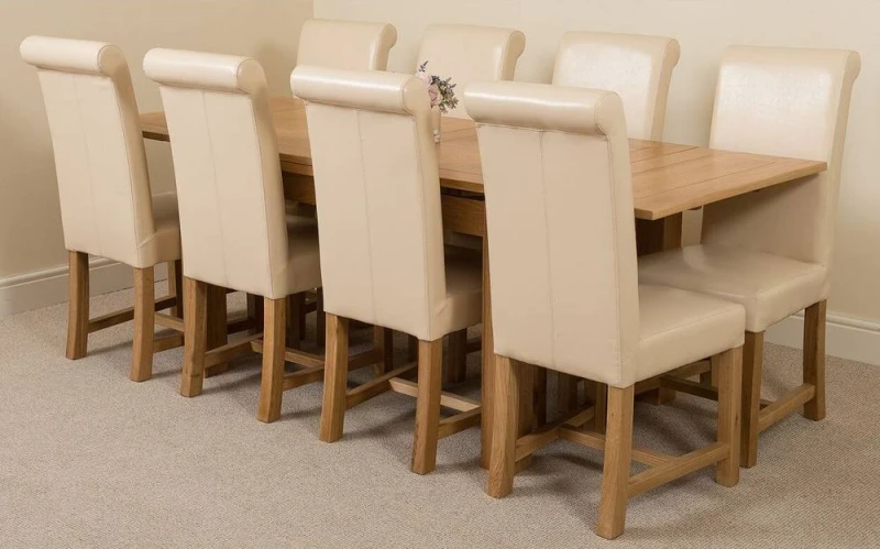 Image of Thats Furniture Richmond 140-220cm Oak Extending Dining Table + 8 Washington Leather Chairs in Cream Cream Unisex