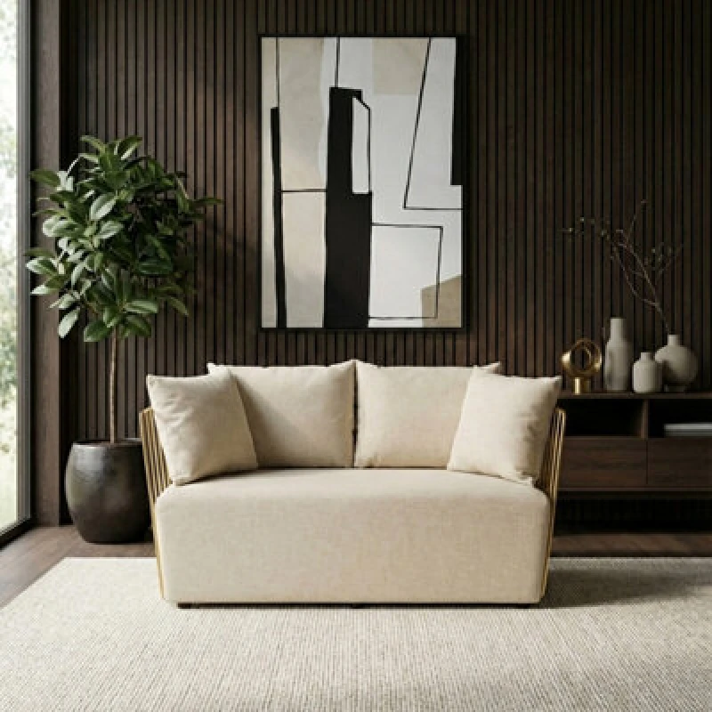 Image of Orsina Two Seat Natural Fabric Sofa, Gold Finish Stainless Steel Frame, Art Deco Style Comfortable And Stylish Sofa