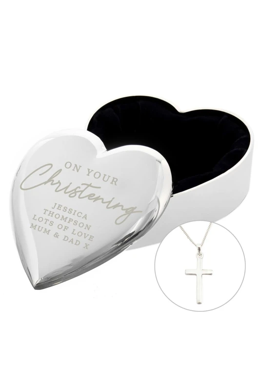 Image of Personalised Memento Company Womens Personalised Christening Heart Trinket Box & Cross Necklace Set in Metallic Silver Metallic Silver Female One Siz