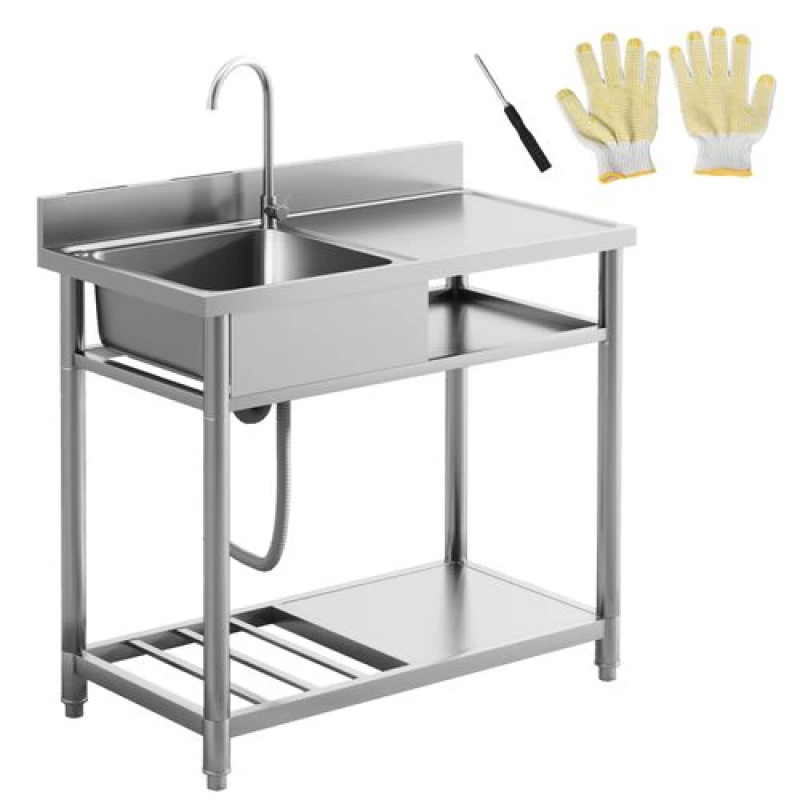 Image of HOMCOM HOMCOM Outdoor Stainless Steel Sink Single Bowl with Cold and Hot Water Pipe and Storage Shelf in Silver Silver One Size Unisex 5061025118472