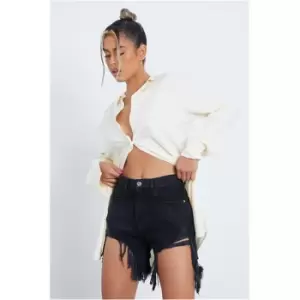 Image of I Saw It First Black Extreme Distressed Denim Mom Shorts - Black