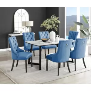 Image of Furniturebox UK - Furniturebox Carson White Marble Effect Rectangular 160cm Dining Table & 6 Blue Belgravia Black Leg Velvet Chairs