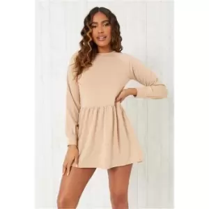 Image of I Saw It First Stone Sweat Long Sleeve Smock Dress - Brown