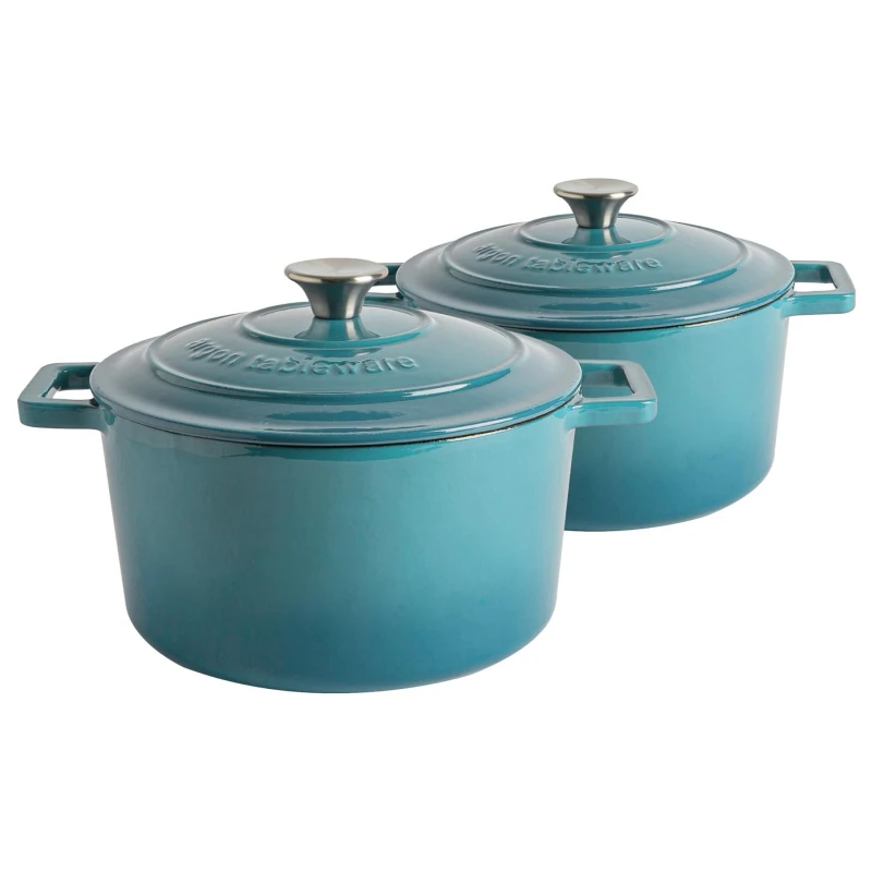 Image of Argon Tableware 2x Round Cast Iron Casserole Dishes with Self-Basting Lid 4.5L in Teal Teal Unisex