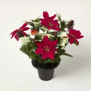 Image of Homescapes - Artificial Poinsettia, Holly and Robin Grave Vase - Green and red