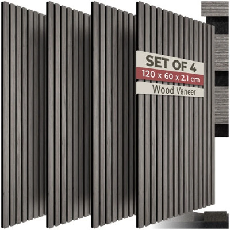 Image of Tectake Acoustic Wall Panels With Wood Veneer Slats, Thick Felt And Easy To Install Set Of 4 - Light Gray Oak