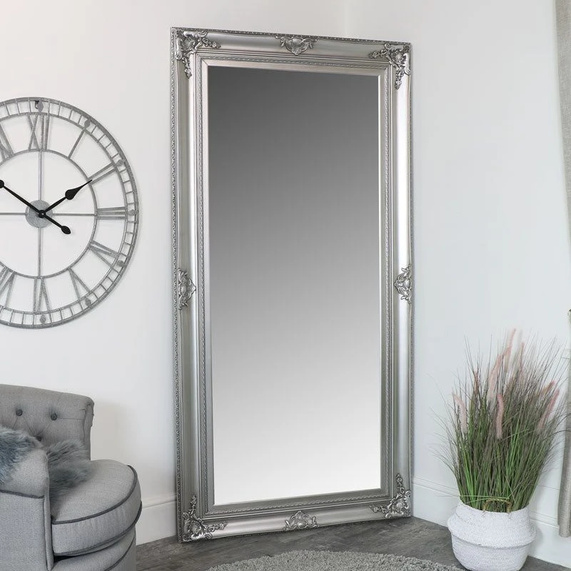 Image of Melody Maison Extra Large Ornate Silver Wall / Floor / Leaner Full Length Mirror 100cm X 200cm Silver