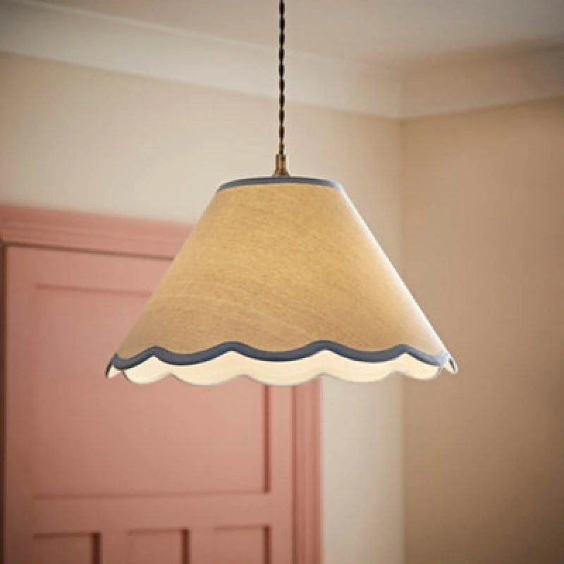 Image of VALUELIGHTS Florie Natural Linen Large Tapered Lamp Shade with Scallop Blue Trim 26792
