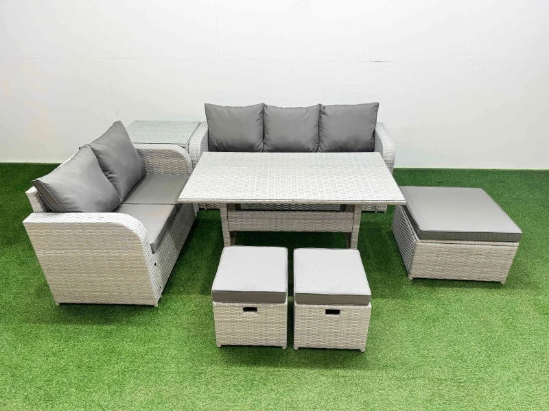 Image of Fimous 8 Seater PE Rattan Wicker Garden Furniture Patio Conservatory Sofa Set with Rectangular Dining Table 3 Seater Sofa Love Sofa 3 Stool Side Table