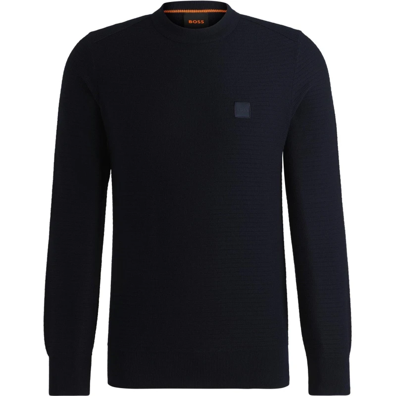Image of Boss Mens Anion Orange Cotton Cashmere Long Sleeve Crew Neck Jumper Dark Blue 404 male M