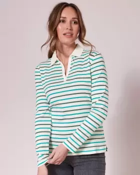 Image of Cotton Traders Womens Wrinkle Free Long Sleeve Stripe Polo Top in Cream