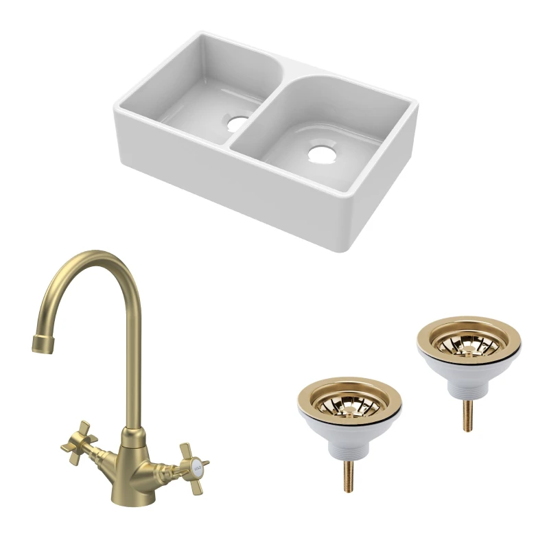 Image of Balterley Fireclay 2 Bowl Full Weir Butler Sink Wastes Tap Brushed Brass 795mm White unisex