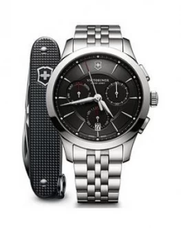 Image of Victorinox Victorinox Swiss Made Alliance Black Sapphire Glass 44Mm Chronograph Dial Stainless Steel Bracelet Watch And Swiss Army Knife Gift Set
