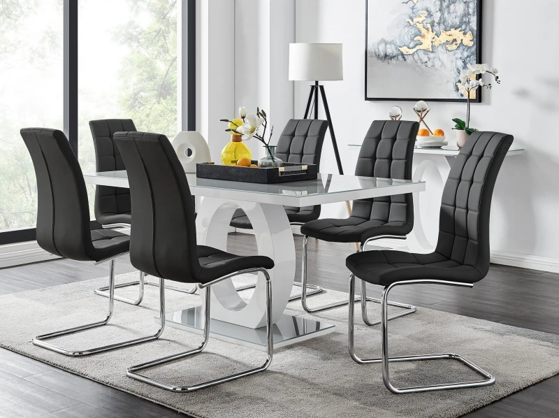 Image of FurnitureboxUK FurnitureboxUK Giovani 6-Seater Grey Glass Dining Table and 6 Murano Faux Leather Dining Chairs in Black One Size Unisex 50565426