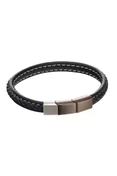 Image of Woven Detail Navy Leather Bracelet with Mixed Brushed Finish 23cm