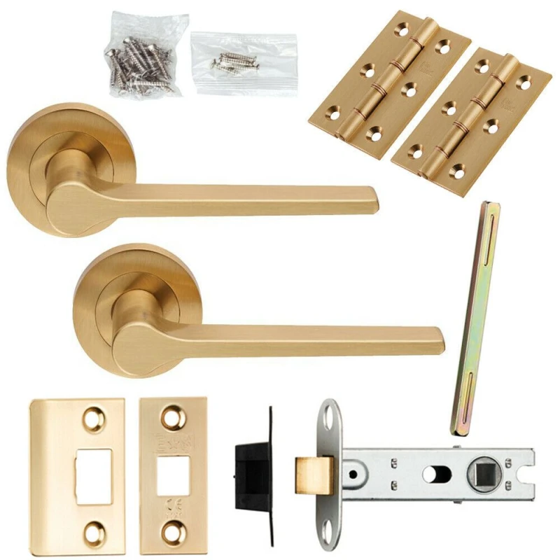 Image of Loops Door Handle & Latch Pack Satin Brass Straight Round Bar Screwless Round Rose Metallics