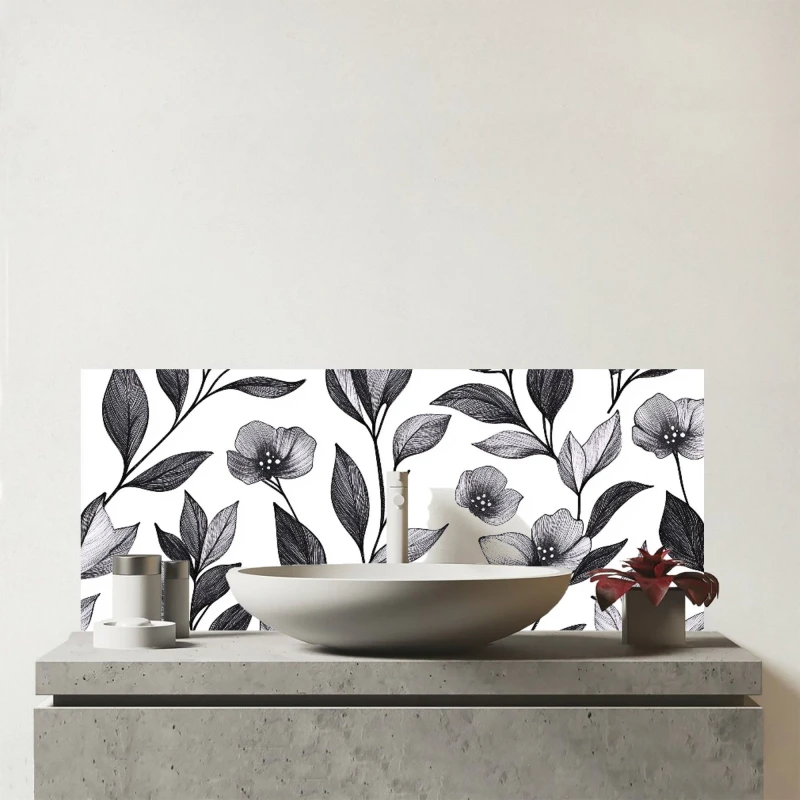 Image of Warren Reed - Designer Hand Drawn Leaves & Flowers Glass Bathroom Splashback in Grey Grey Unisex